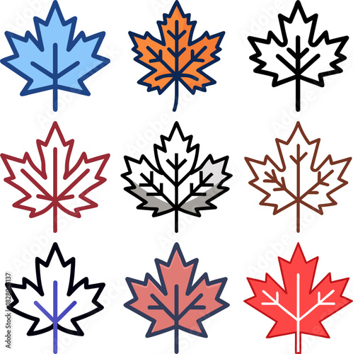 Maple leaf icon set vector for autumn, Canada, nature and botanical design