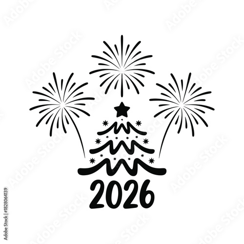 New year 2026 celebration with fireworks and christmas tree
