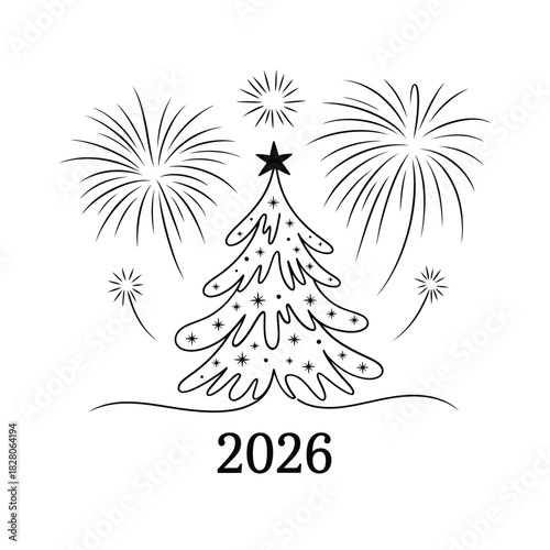 Christmas tree and fireworks celebrating new year 2026