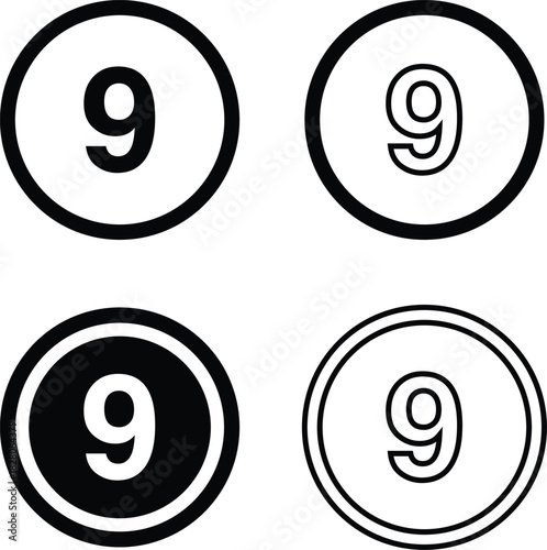 Nine, Number 9 Icon Inside Circle, Line Icon – Minimalist Vector Symbol Illustration Isolated on White Background