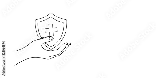 Continuous one line of a hand holding a shield symbol, representing immunity and health protection, drawn vector illustration.