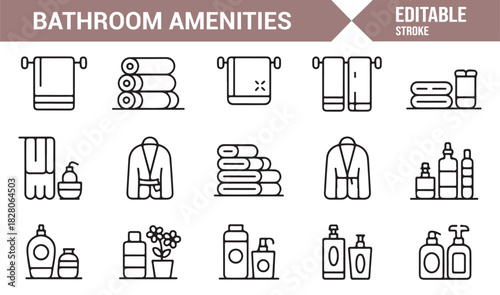 Monoline bath product icons including towels and dispensers