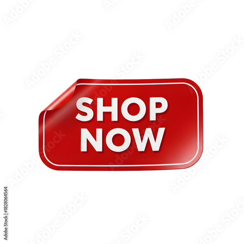 Red shop now sticker with a curled corner, perfect for online promotions and ecommerce websites, isolated on transparent background