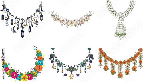 Collection of decorative floral garlands and neck designs isolated on transparent background, perfect for adding a touch of elegance