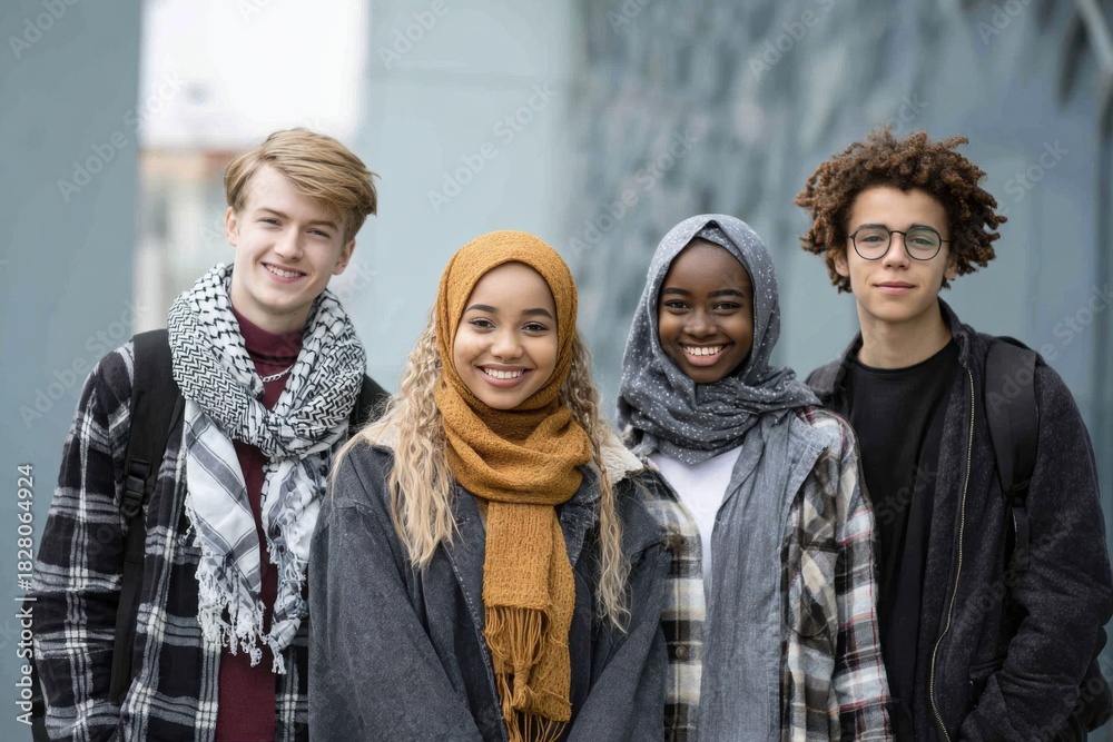 Fototapeta premium Multicultural students smiling together in urban setting, showcasing their diverse backgrounds and styles during a sunny day