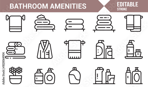 Clean line art icons of bath essentials for hotel and spa branding