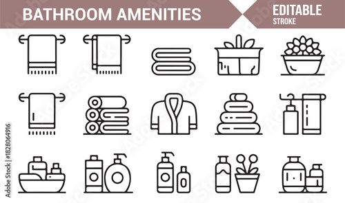 Minimalist bathroom amenities vector icons with towels and toiletries