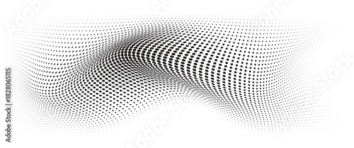 Flowing Wave Dot Halftone Pattern: Curve Gradient Shape on Transparent Background. Suitable for AI, Tech, Network, Digital, Science, and Technology Themes.