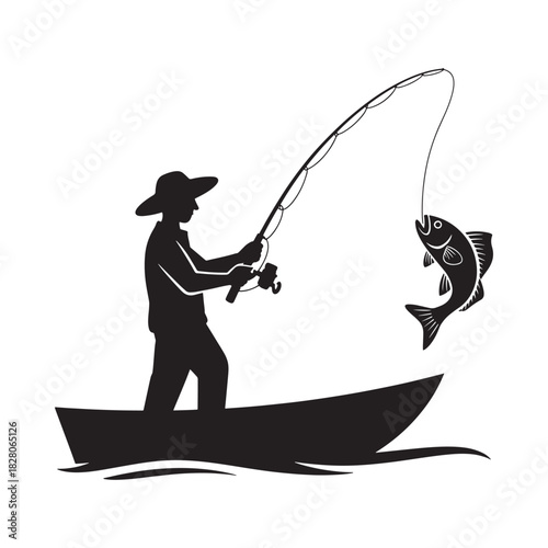 Fisherman in boat catches fish silhouette