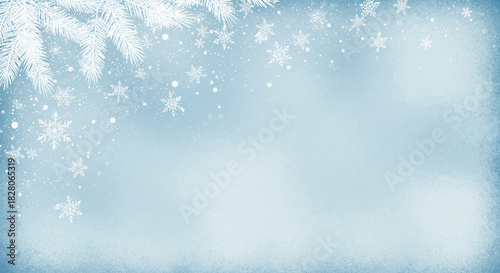 Light blue background with white snowflake and fir branch accents, conveying a winter, Christmas, holiday spirit, perfect for festive designs and events