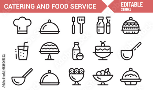 Modern food service icons including chef hat, utensils, and cloche