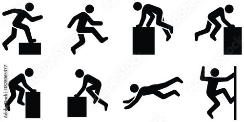 Stickman parkour movement set, Obstacle action silhouette pack, Athletic motion icon collection