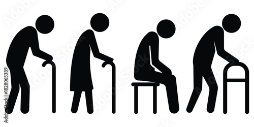 Elderly care silhouette set, Senior mobility icon pack, Walking aid figure collection