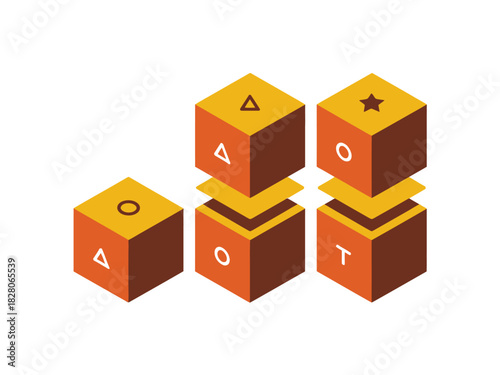 Three cubes with symbols represent data blocks stacked and arranged in a sequence.
