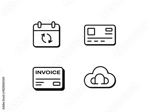 Icons representing a calendar, credit card, invoice, and cloud storage are displayed.