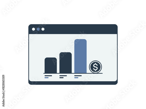 A digital dashboard displays a bar graph with a dollar sign icon, illustrating financial data.