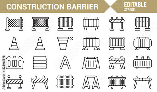 Construction site cones and barricades icon set