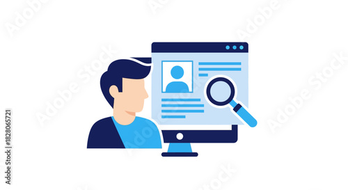 Profile search concept with human silhouette and magnifying glass on computer screen