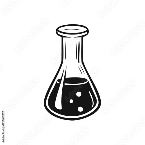 Stylized black and white graphic depicting a classic laboratory flask with bubbling chemical solution for scientific research experiment and discovery