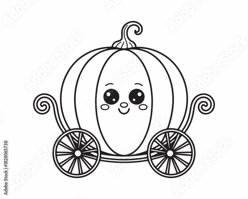 Cute Monochrome Cartoon Pumpkin Carriage Line Art Icon or Coloring Page for Halloween