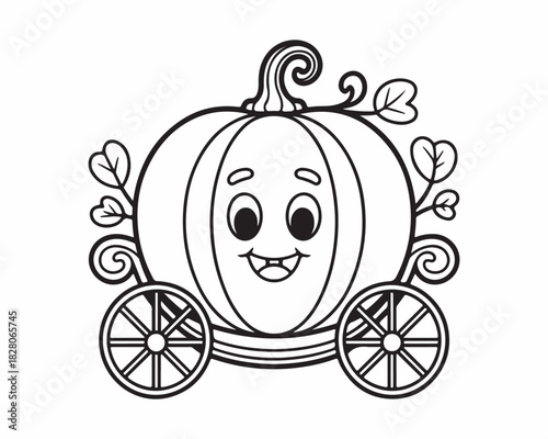 Cute Monochrome Simple Cartoon Pumpkin Carriage Line Art with Vines Coloring Page