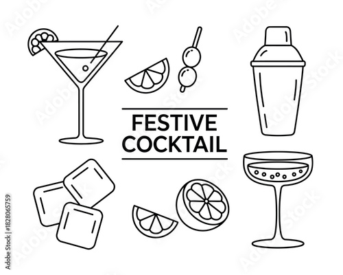 A collection of festive cocktail ingredients and barware are depicted in this line art.