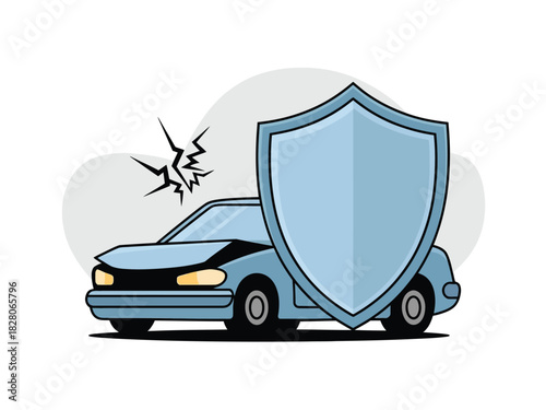 A damaged car is protected by a large blue shield, symbolizing insurance.
