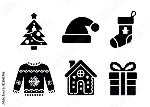 A collection of six simple Christmas-themed icons including a tree, hat, stocking, sweater, gingerbread house, and gift.