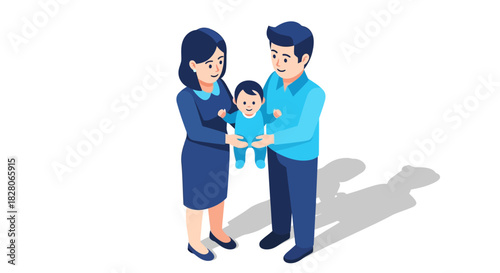 Happy family moment with parents holding baby in isometric style