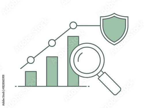 A magnifying glass examines a bar graph with a shield icon representing security and growth.