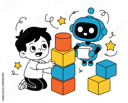 A cheerful boy and a friendly robot are building a tower with colorful blocks together.