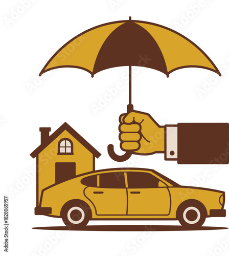 A hand holding an umbrella over a house and a car, representing insurance.