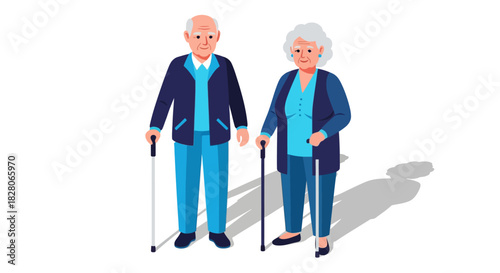 Elderly couple with walking sticks embracing life in flat style