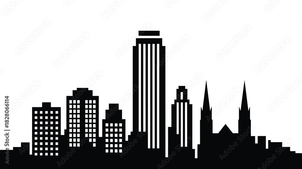 Naklejka premium Modern city skyline silhouette with tall buildings and spires