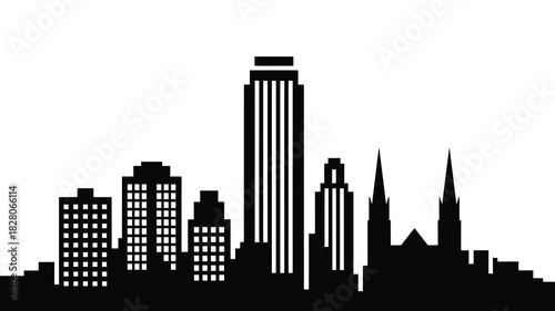 Modern city skyline silhouette with tall buildings and spires