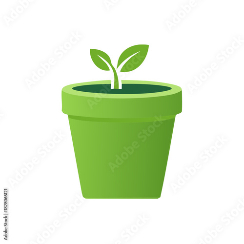 Small green plant sprout with two leaves growing in a vibrant pot