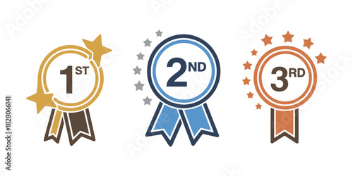 1st 2nd 3rd medal vector set, first place, second place, third place award winner badges, guarantee, winning prize ribbon symbols, sign icons, logo templates, and clip art illustrations for digital an