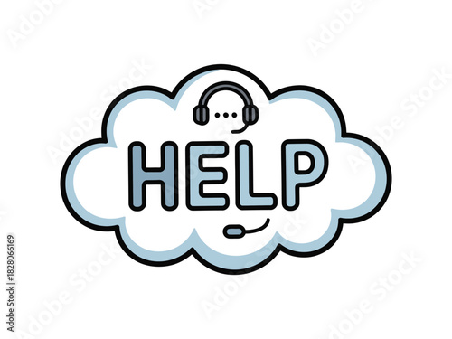 A cloud icon with the word HELP and a headset symbol inside representing support.