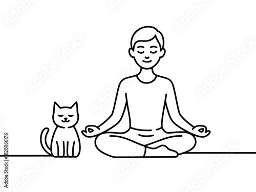 A person meditating peacefully beside a calm cat.