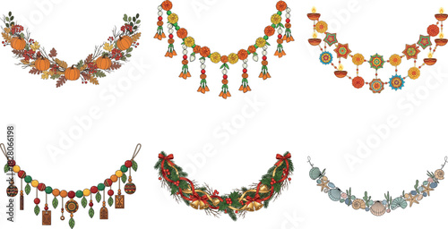 Set of festive toran garland decorations for diwali isolated on transparent background traditional indian holiday ornaments