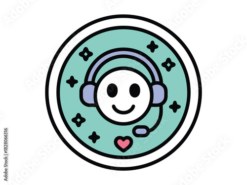 A smiling cartoon face with headphones and a microphone represents customer service.