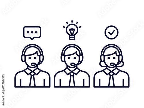 Customer service representatives with headsets listen and provide solutions to clients.