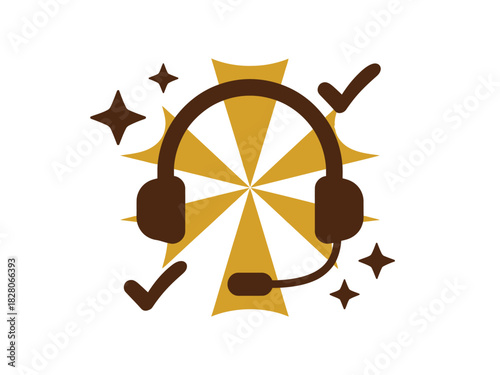 A headset with a microphone is depicted with stars and checkmarks, suggesting customer service.