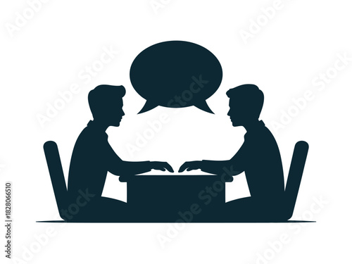 Two silhouettes of people sitting at a table having a conversation.