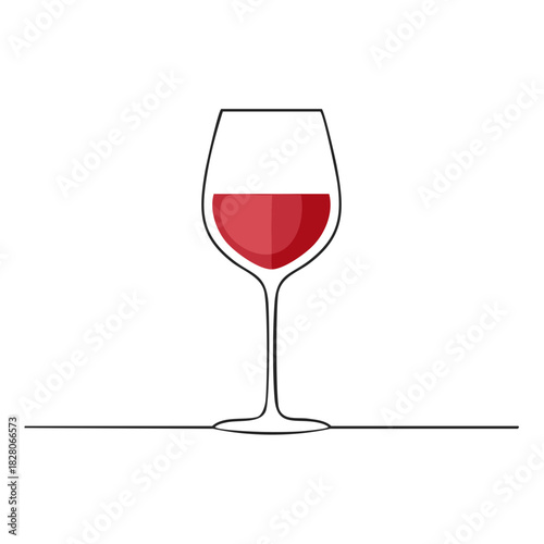 Minimalist red wine glass with dark red liquid and simple line art.