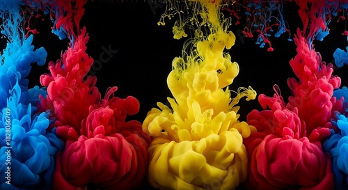 Blue Red Yellow Ink Clouds Swirling in Water image