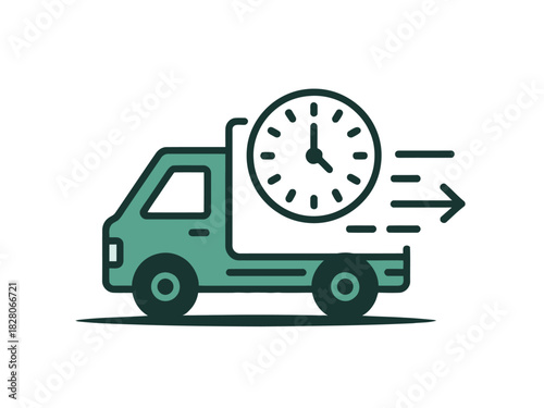 A green truck with a clock on its side moves quickly.