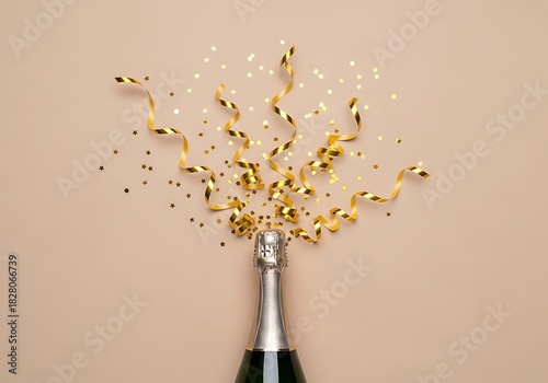 Champagne bottle with gold streamers and star confetti
