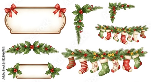 Christmas decorations with holly stockings and bows