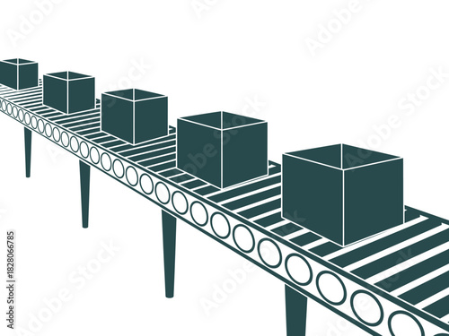 A conveyor belt system transports several identical boxes in a factory.